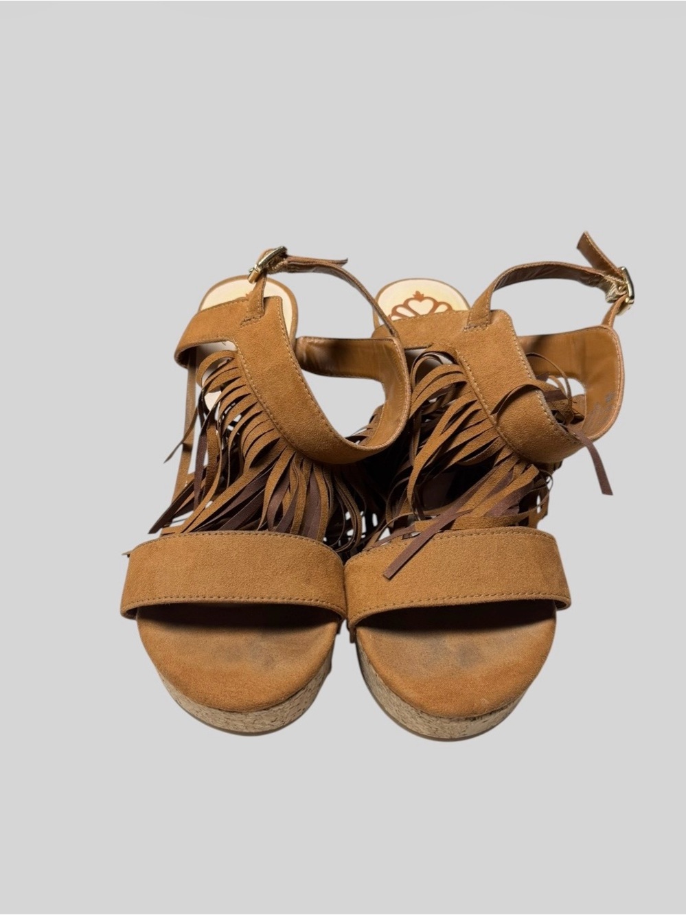 Fergalicious Tan Suede Fringe Cork Wedge Sandals - Picture 2 of 6